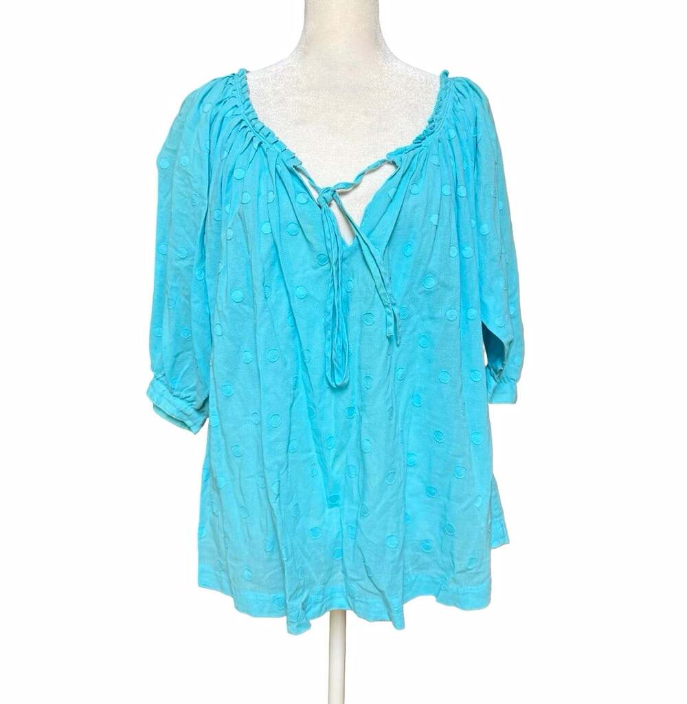 Michael Michael Kors Blue Polka Dot Scoop Neck Tie Blouse Cotton 3/4 Sleeve S